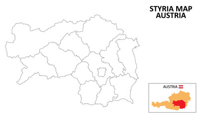 Styria Map. State and district map of Styria. Political map of Styria with outline and black and white design.