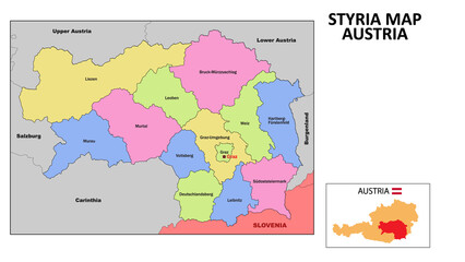 Styria Map. State and district map of Styria. Political map of Styria with neighboring countries and borders.