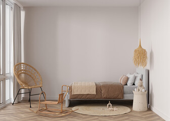 Empty wall in modern child room. Mock up interior in boho style. Free, copy space for your picture or poster. Bed, rattan chair, carpet, toys. Cozy room for kids. 3D rendering. © Creative_Bird