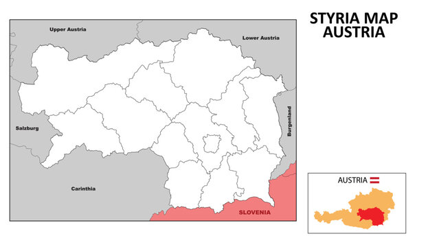 Styria Map. State and district map of Styria. Political map of Styria with outline and black and white design.