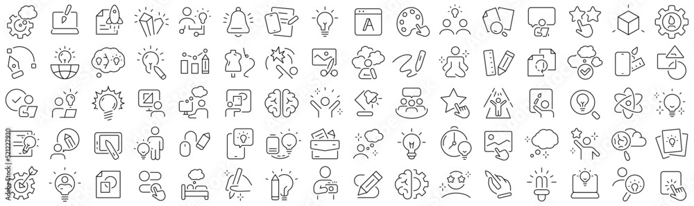 Poster set of inspiration and idea line icons. collection of black linear icons