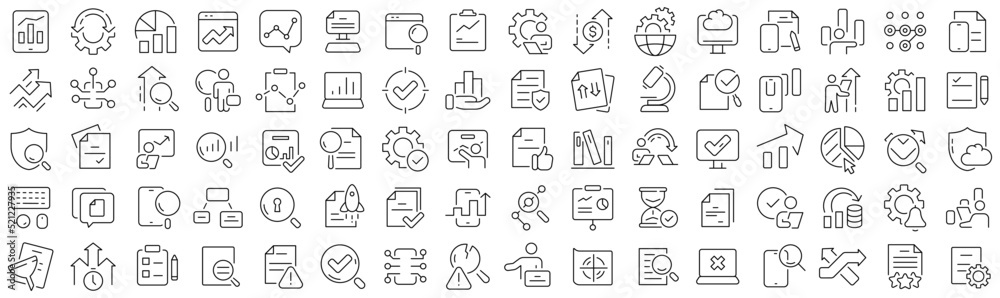 Poster Set of data analysis line icons. Collection of black linear icons