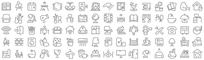 Set of home interior line icons. Collection of black linear icons
