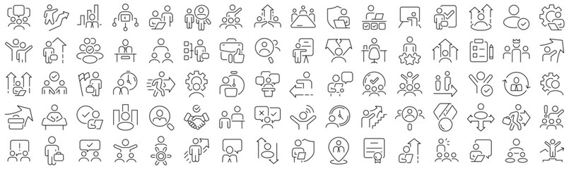 Set of leadership and teamwork line icons. Collection of black linear icons - obrazy, fototapety, plakaty