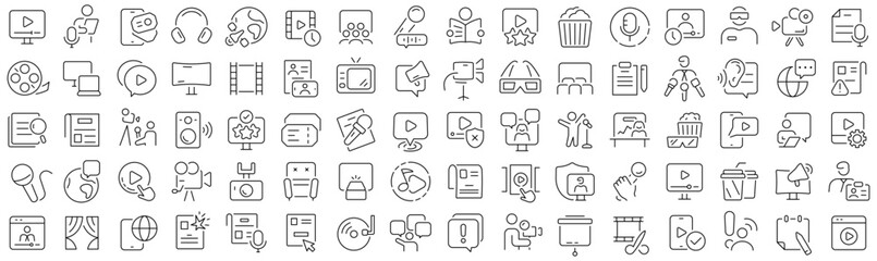 Set of television media line icons. Collection of black linear icons - obrazy, fototapety, plakaty