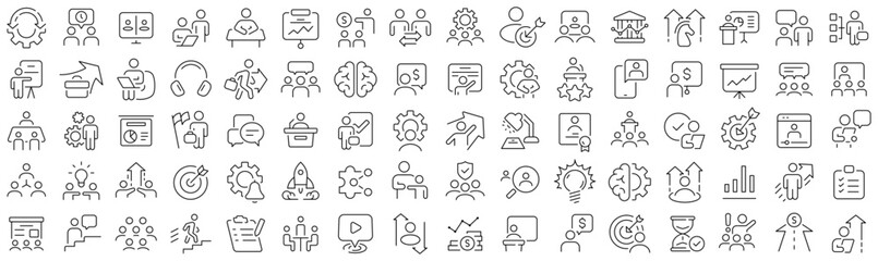 Set of workshop and coaching line icons. Collection of black linear icons - obrazy, fototapety, plakaty