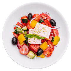 Greek salad of organic vegetables with tomatoes, cucumber, red onion, olives