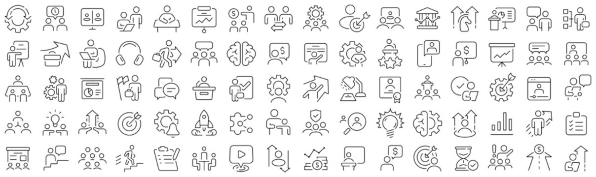 Set of workshop and coaching line icons. Collection of black linear icons