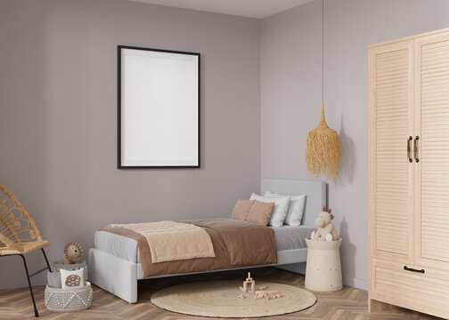 Empty vertical picture frame on grey wall in modern child room. Mock up interior in boho style. Free, copy space for your picture. Bed, rattan chair, toys. Cozy room for kids. 3D rendering.