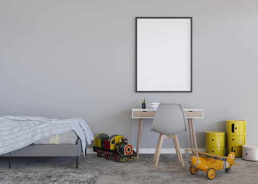 Empty vertical picture frame on gray wall in modern child room. Mock up interior in contemporary, scandinavian style. Free, copy space for your picture. Bed, desk, toys. Cozy room for kids. 3D render.