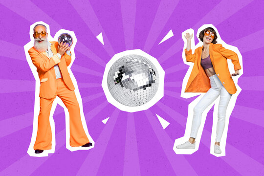 Composite collage of two excited positive people enjoy dancing chilling big glowing disco ball isolated on drawing purple background