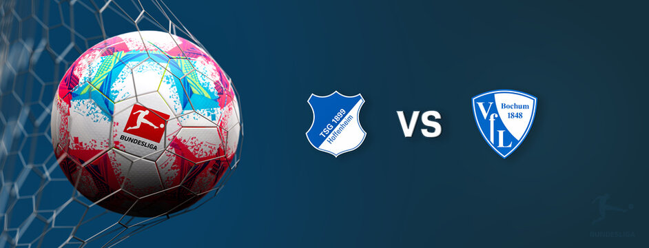 Guilherand-Granges, France - August 04, 2022. Bundesliga of Germany. Soccer ball in net with official logo of the Bundesliga. Match : TSG Hoffenheim VS VfL Bochum 1848. 3D rendering.