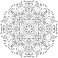 Colouring page, hand drawn, vector. Mandala 64, ethnic, swirl pattern, object isolated on white background.