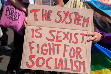 Billboard The System Is Sexist Fight For Socialism At The Gaypride Walk At Amsterdam The Netherlands 30-7-2022