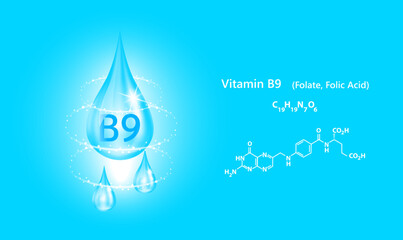 Structure vitamin B5 drop water collagen blue. 3D Realistic Vector. Medical and scientific concepts. Beauty treatment nutrition skin care design. Vitamin solution complex with Chemical formula nature.