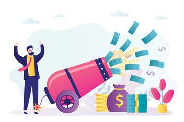 Entrepreneur shoots money from cannon, business is making big profits. Venture investments, distribution of money to new projects, startups. Innovation, concept. Businessman making money.