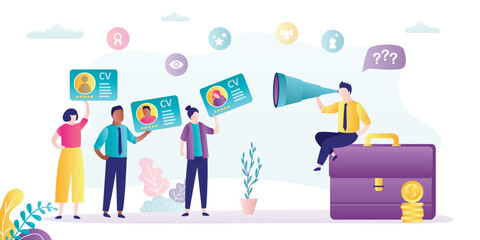 Male manager uses spyglass for choosing best candidate for job. Various job seekers with resume. Applicants with curriculum vitae. Recruitment process, concept. HR agency.