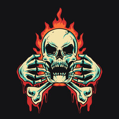 Skull Bone Fire Retro Vector Illustration