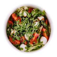 Chorizo salad with cherry tomatoes, mozzarella and wild rucola