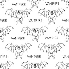 Vector illustration of a halloween background with angry vampire bat with big fangs and claws on the wings with inscription vampire. Halloween concept. Wrapping paper on halloween.