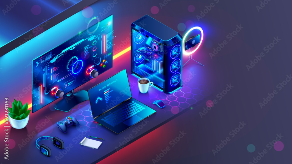 Poster gaming computer on desk in video gamer room with neon lights. gaming pc monitor with abstract interf