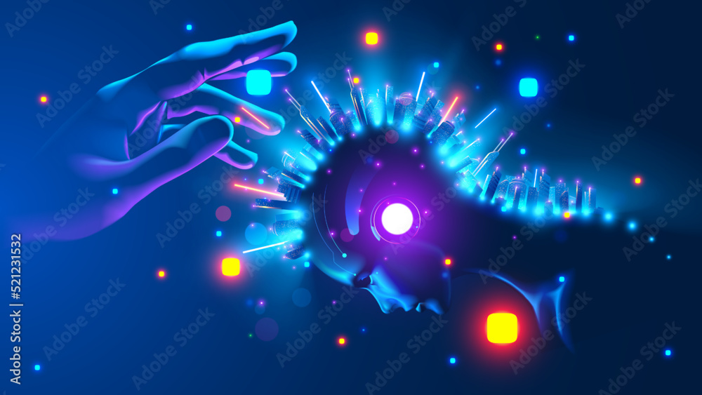 Leinwandbilder System administrator in image of God sets up neural network. Development neural network. Digital AI in image robot with artificial intelligence. Developer create cybernetic brain in cyberspace. Vector