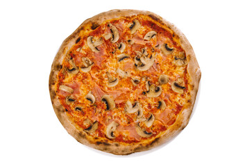 Thin crust italian pizza with tomato sauce, cheese, ham and mushrooms
