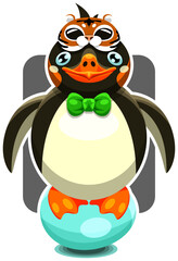 Penguin in a tiger mask. Symbol of the year. Color image. The character is sitting on an egg. Sticker. Vector.