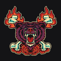Bear Head Bone Fire  Retro Vector Illustration
