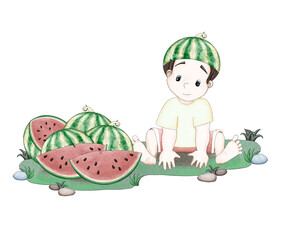 Cute little cartoon boy in a light summer suit and a watermelon hat sits on the grass. There are a lot of ripe and sweet watermelons near to him. Digital illustration in watercolor style