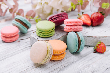 French macaroons. coffee, chocolate, vanilla and raspberry macaroons