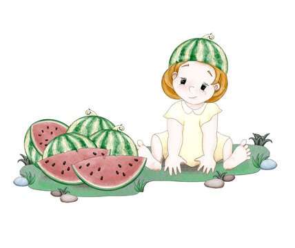 Cute little cartoon girl in a light summer dress and a watermelon hat sits on the grass. There are a lot of ripe and sweet watermelons near to her. Digital illustration in watercolor style