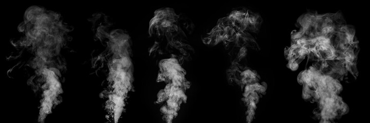 A perfect set of five different mystical curly white steam or smoke on a black background. Fog or smoke set isolated on black background. Curly smoke on a dark background