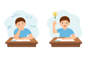 Child at his desk solving a math problem.Boy has a good idea to do homework or exam. Vector illustration