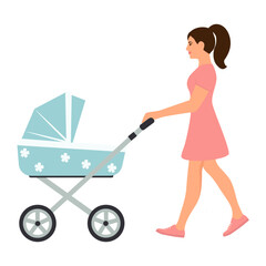 Mom wheeling stroller. Woman walking with baby carriage.Vector illustration isolated on white background