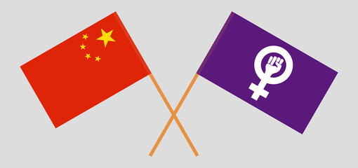 Crossed flags of China and Feminism. Official colors. Correct proportion
