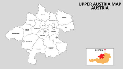 Upper Austria Map. State and district map of Upper Austria. Administrative map of Upper Austria with district and capital in white color.
