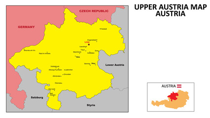 Upper Austria Map. State and district map of Upper Austria. Political map of Upper Austria with the major district