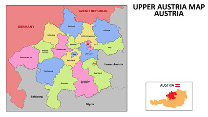 Upper Austria Map. State and district map of Upper Austria. Political map of Upper Austria with neighboring countries and borders.