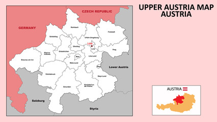 Upper Austria Map. State and district map of Upper Austria. Administrative map of Upper Austria with district and capital in white color.