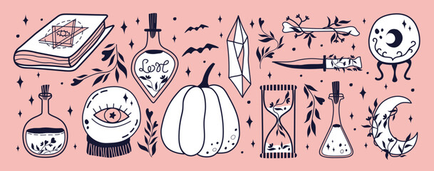 Witchcraft and Magic Illustrations. Set of magic items: love potion, sand clock, magic ball, witch book, moon, pumpkin, bone, knife, and crystal. Halloween wizardry.