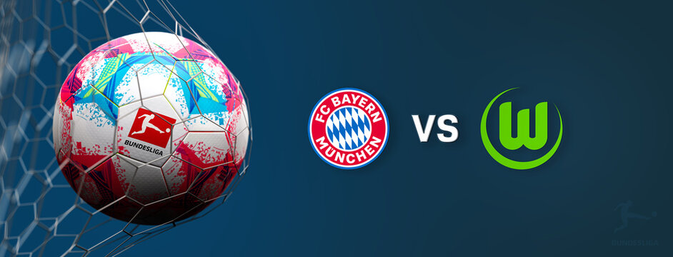 Guilherand-Granges, France - August 04, 2022. Bundesliga of Germany. Soccer ball in net with official logo of the Bundesliga. Match : FC Bayern M&uuml;nchen VS VfL Wolfsburg. 3D rendering.