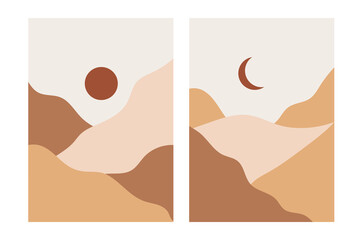 Neutral landscape with desert dunes and mountains. Hand painted wall decor in oriental style. Cute set in earth and pastel colors. Abstract Japanese background. Modern art decor.