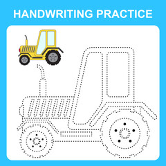 Handwriting practice. Trace the lines and color the tractor. Educational kids game, coloring book sheet, printable worksheet. Vector illustration