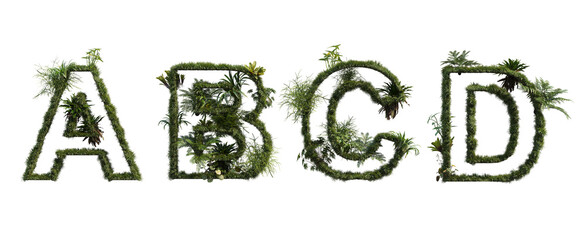 Letters and numbers decorated with plants on a white background.