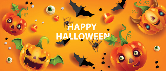 3D halloween discount banner, autumn vector holiday special offer background, spooky cute pumpkin. Promotion sale funny poster, smiling face, paper bat, October candy. Halloween party banner poster