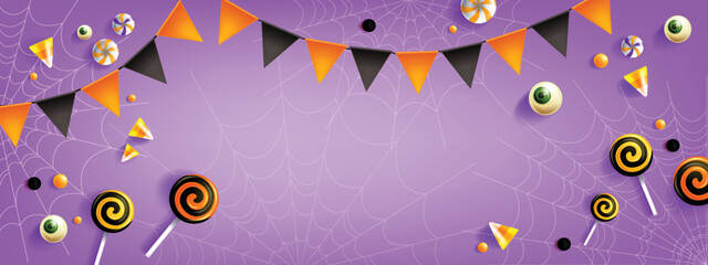 Halloween discount banner, autumn holiday season background, funny candy lollipop garland, spiderweb. Vector purple promotion poster, spooky sweets, scary eye, cute decoration. Halloween banner flyer