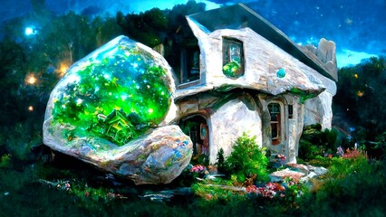 Old stone house in a green forest under night starry sky. Fairy wallpaper. Beautiful fabulous scene. Digital painting illustration.