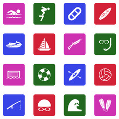 Water Sports Icons. White Flat Design In Square. Vector Illustration.
