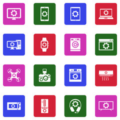 Electronic Settings Icons. White Flat Design In Square. Vector Illustration.